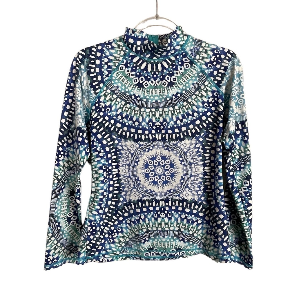 Garnet Hill Rash Guard Women L Blue Mandala Long Sleeve Swim Beach Coastal